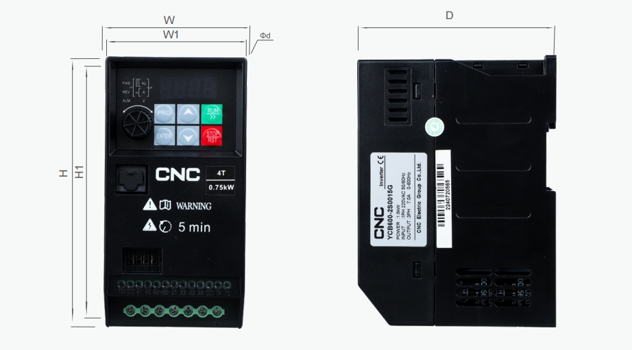 Vektorfrekvens Inverte YCB600 samlet og monteringsdimensioner (MM)